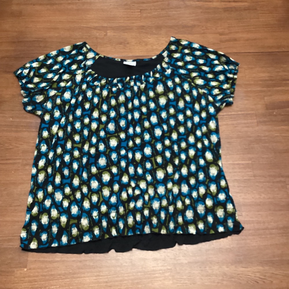 Worthington Womens XL Blue Green Abstract Print Short Sleeve Lined Blouse - Picture 7 of 7
